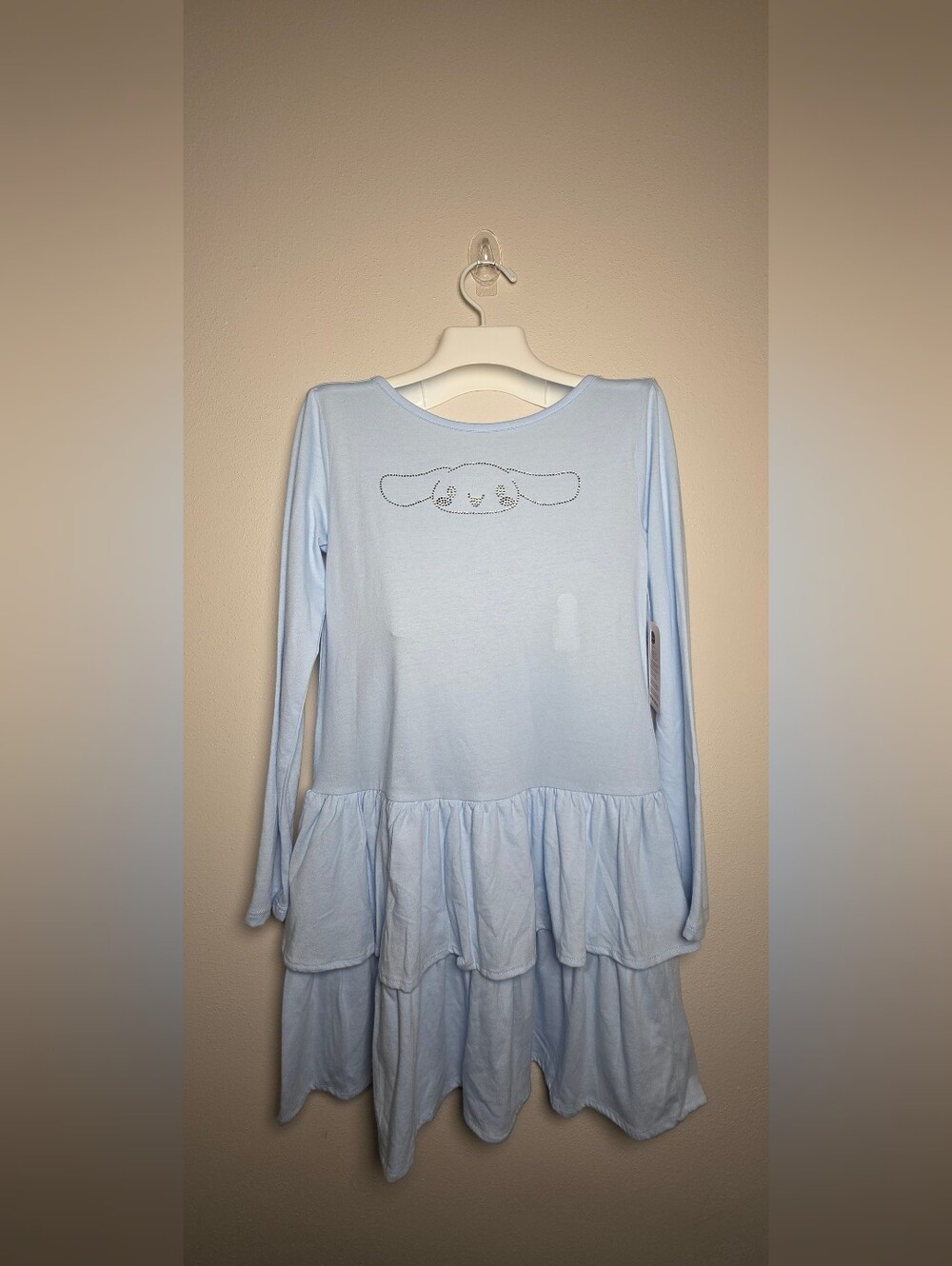Light Blue Long-Sleeve Ruffle Hem Kids Dress with Cute Face Detail - Picture 1 of 7